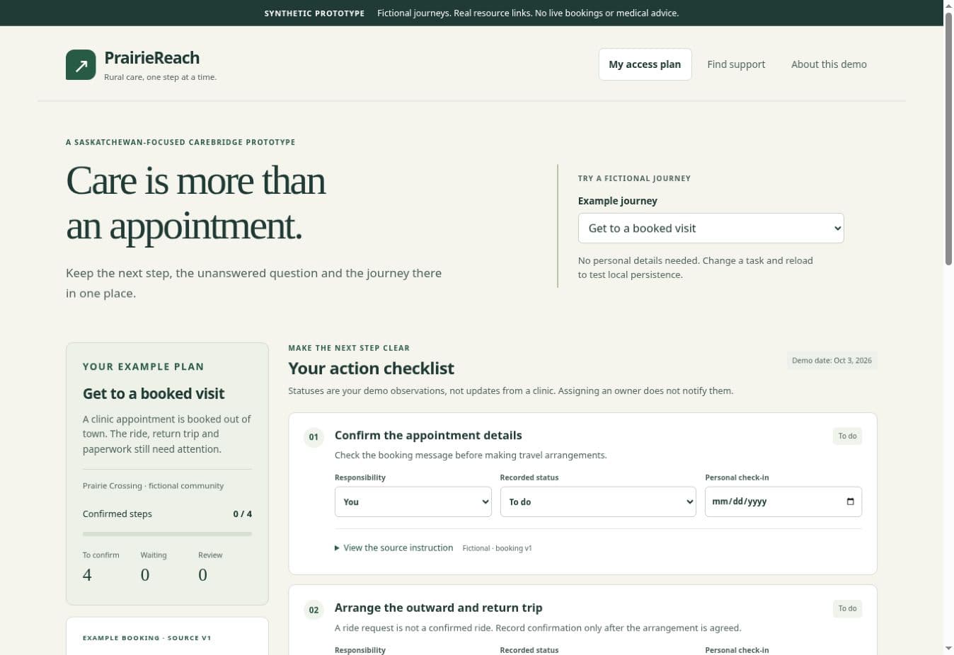 PrairieReach synthetic booked-visit plan with responsibility and arrangement states